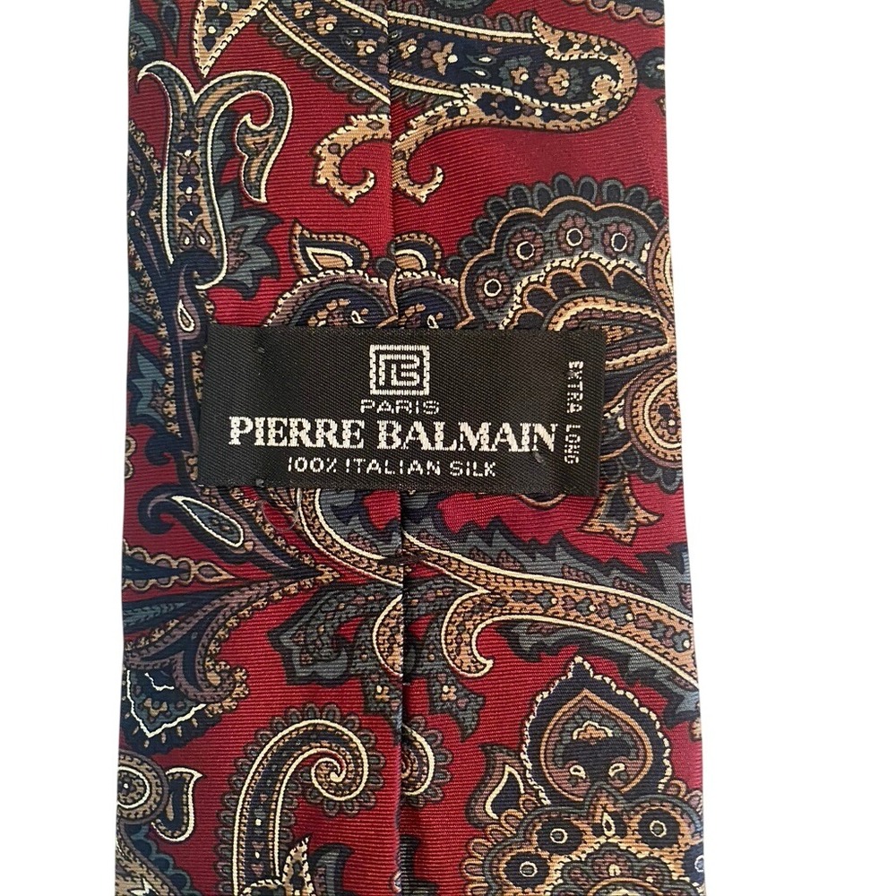 Pierre Balmain Paris Extra Long Silk Tie Burgundy Red Paisley Italian Silk 3.75"
